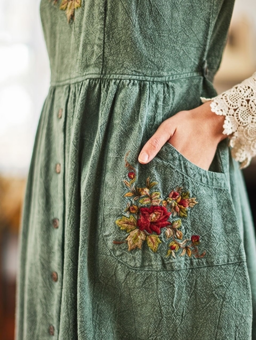 April Cornell Embroidered Sleeveless Sunwashed Green Midi Dress Xl NWOT
